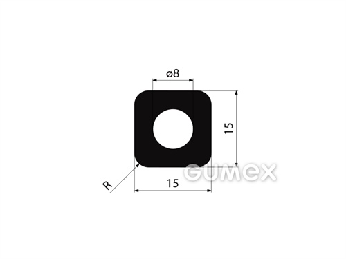 Quadratisches Gummiprofil mit Loch, 15x15mm, 40°ShA, EPDM, ISO 3302-1 E2, -40°C/+100°C, schwarz, 